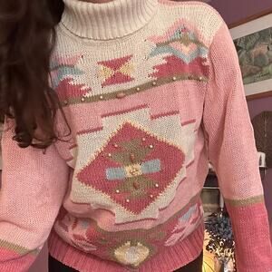 Vintage 80s Victoria Jones Pastel Pink Southwestern Beaded Ramie Cotton Sweater